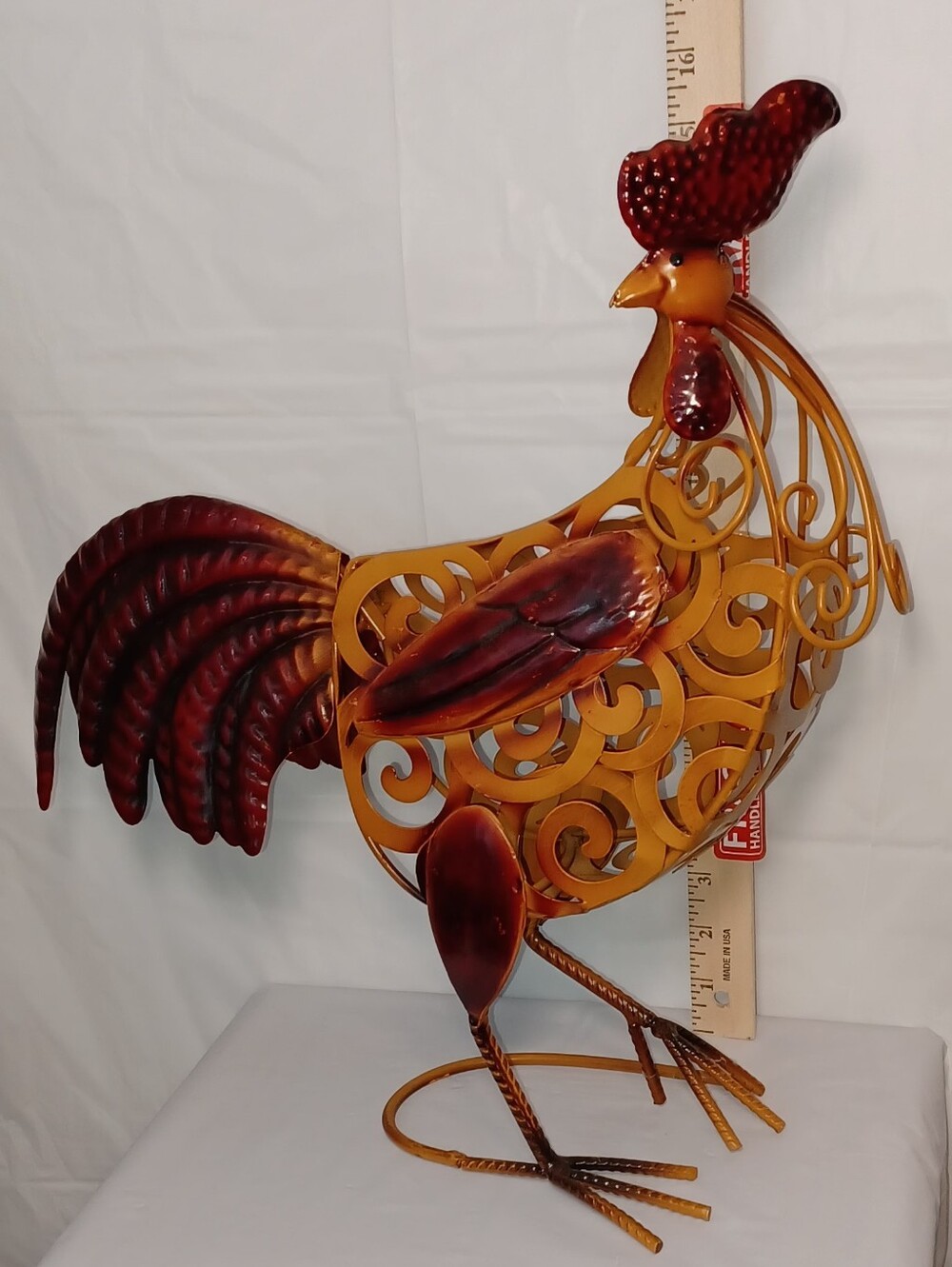 Decorative Metal Rooster Sculpture in Red and Gold